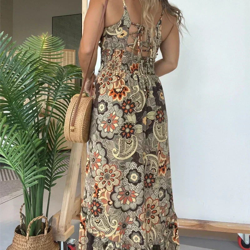 💕Limited Time Offer 39% OFF💕Women’s Sexy Spaghetti Strap Floral Print Long Dress