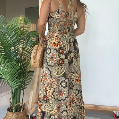 💕Limited Time Offer 39% OFF💕Women’s Sexy Spaghetti Strap Floral Print Long Dress