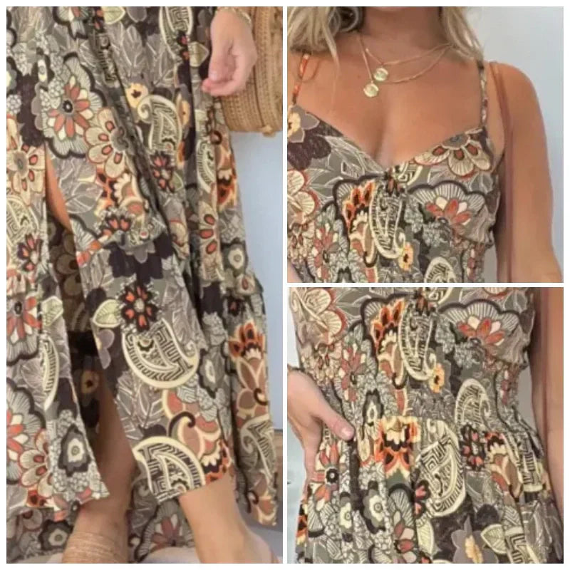 💕Limited Time Offer 39% OFF💕Women’s Sexy Spaghetti Strap Floral Print Long Dress